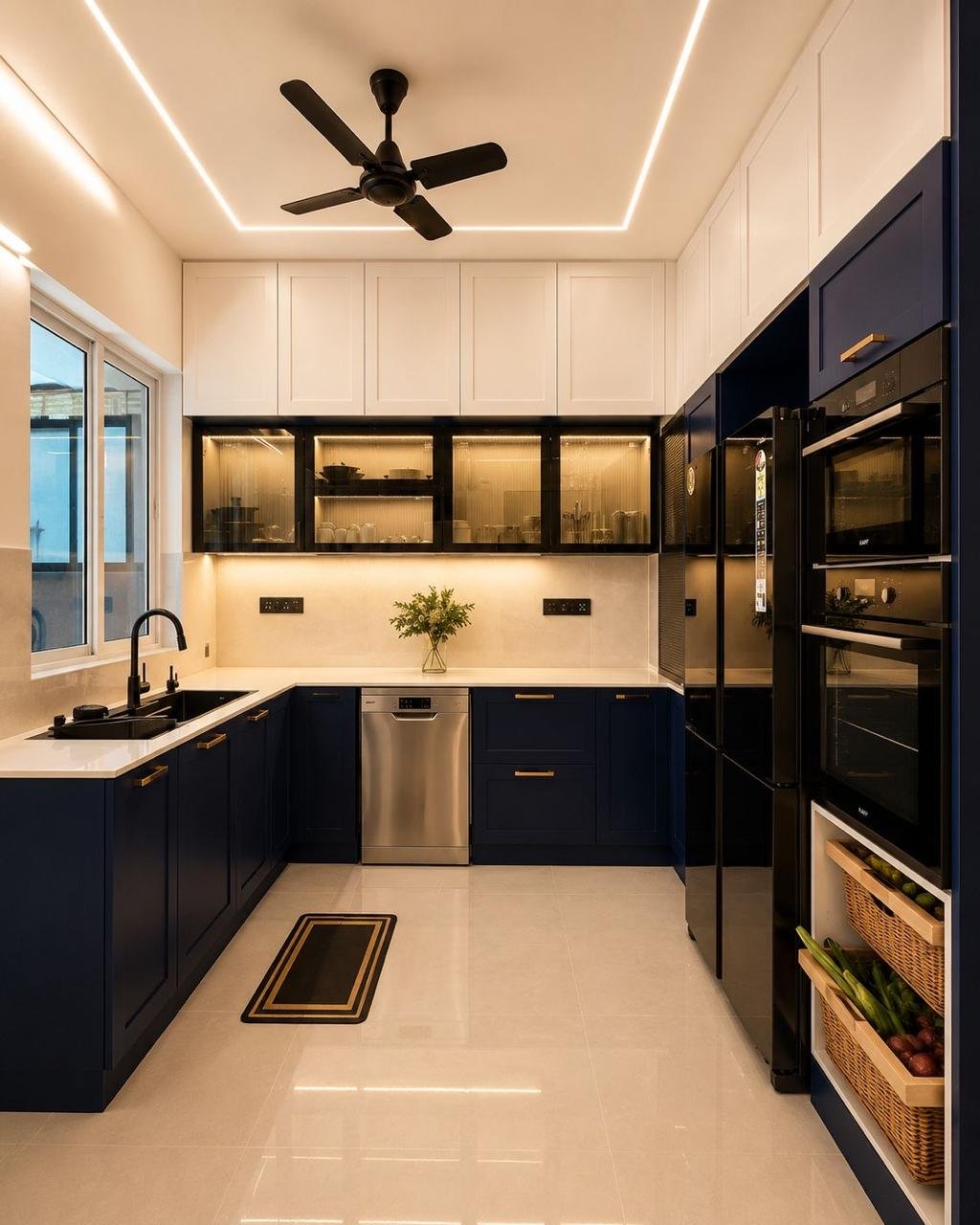 Completed modular kitchen after renovation — navy blue cabinets with premium finishes by SRM Interior Studio Chennai