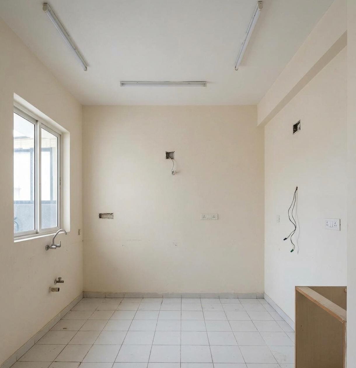 Kitchen space before renovation — unfinished room with bare walls and basic plumbing in Chennai