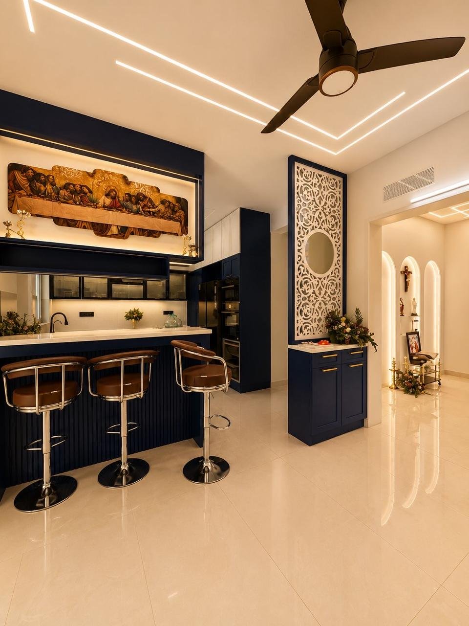 Open-plan kitchen and dining with bar seating in Chennai